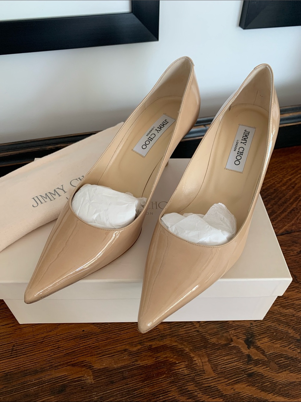 Jimmy Choo Beige Patent Leather Pointed-Toe Pumps